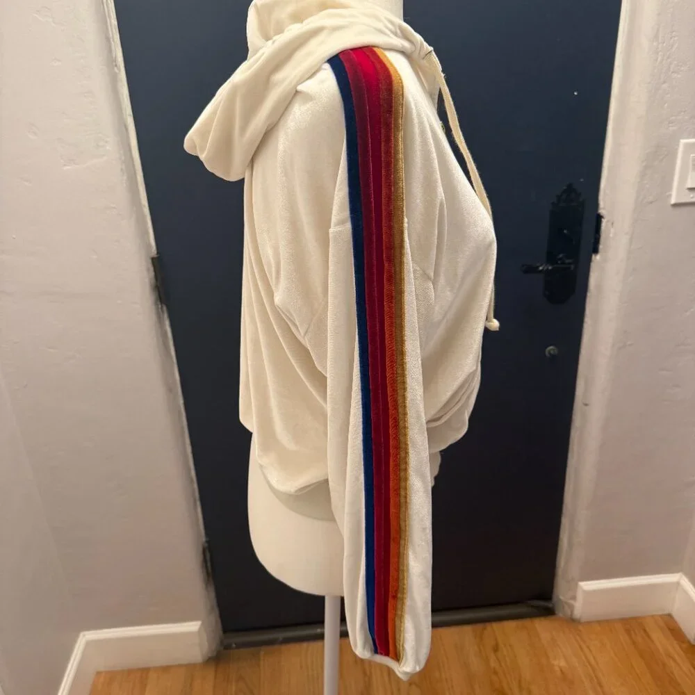 Aviator Nation White Velour Hoodie Rainbow Sleeves XS - Picture 3 of 5